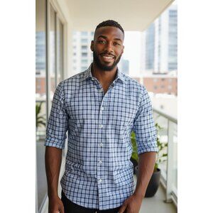 Peter Millar Mens Blue Plaid Shirt Medium Cotton Long Sleeve